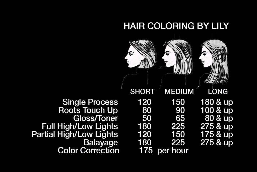 hair coloring rates for short, medium, and long hair