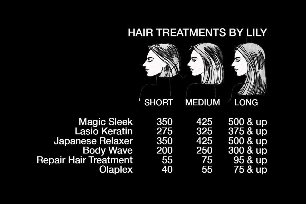 hair treatment rates for short, medium, and long hair